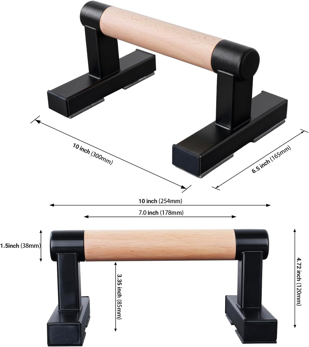 Pair of Solid Wood Parallettes Push-Up Handles with Metal Bracket, Supports Up to 600 lb, for Calisthenics and Floor Strength Training